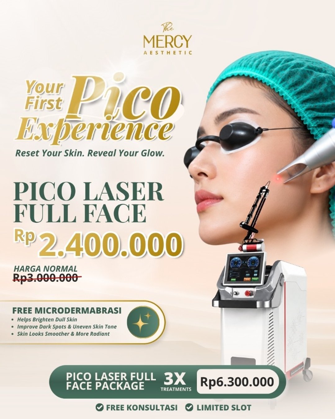 Promo Pico Laser Full Face Rp 2,4 juta gratis Microdermabrasi di The Mercy Clinic