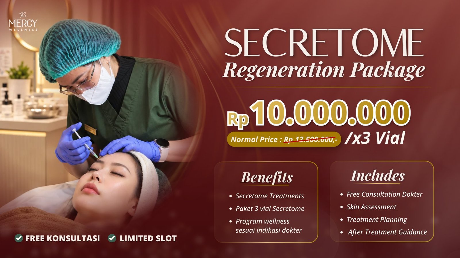 Promo Secretome Regeneration Package di The Mercy Clinic untuk terapi peremajaan sel dan regenerasi jaringan