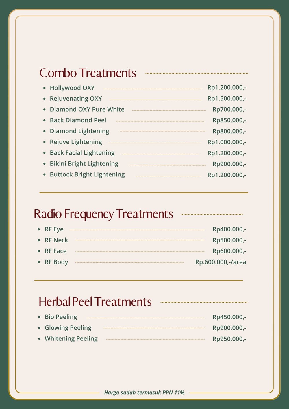 Halaman pricelist The Mercy Clinic berisi Combo Treatments, Radio Frequency Treatments, dan Herbal Peel Treatments beserta harganya