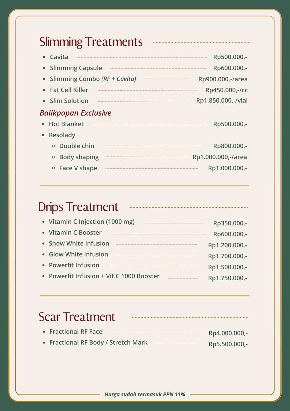 Halaman pricelist The Mercy Clinic berisi Slimming Treatments, Drips Treatment, dan Scar Treatment beserta harganya
