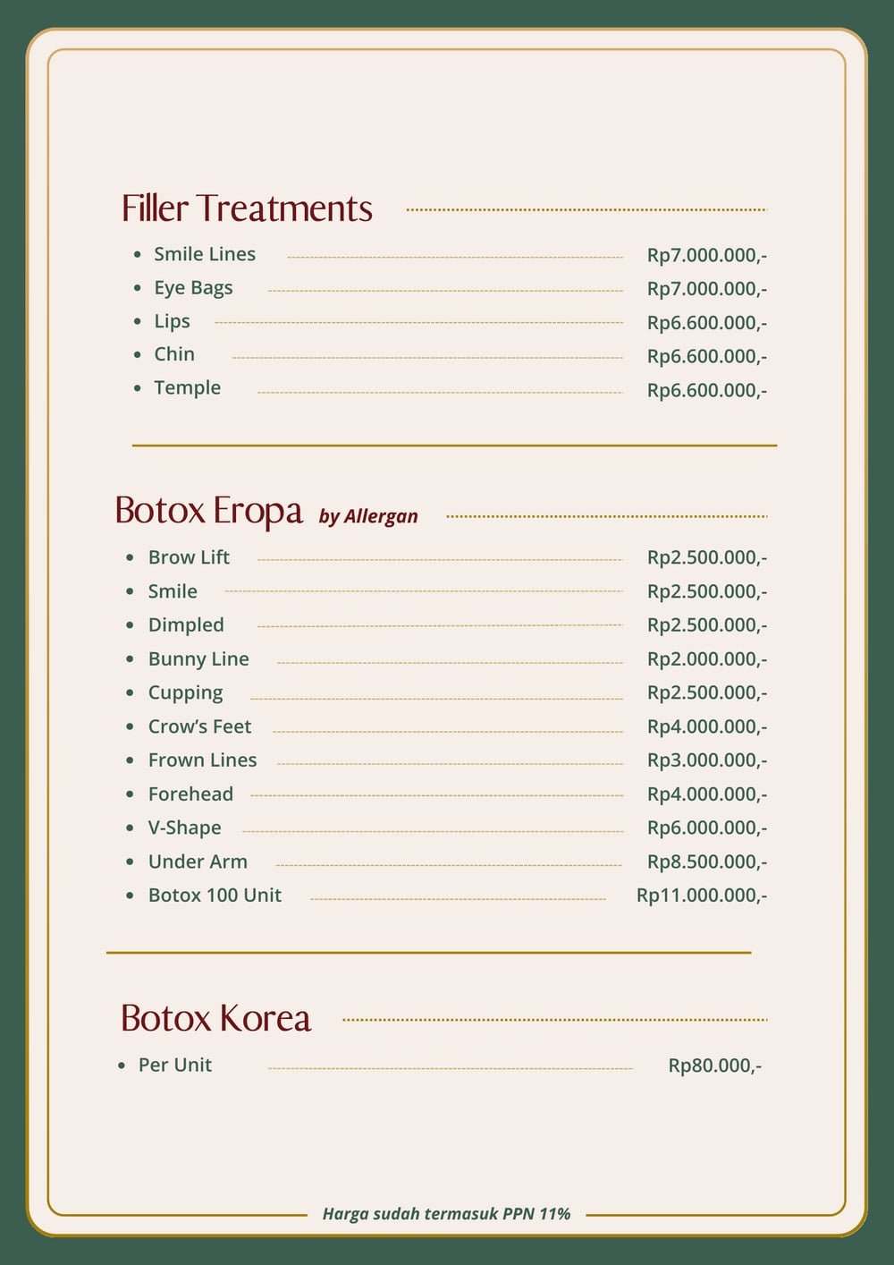 Halaman pricelist The Mercy Clinic berisi Filler Treatments, Botox Eropa by Allergan, dan Botox Korea beserta harganya