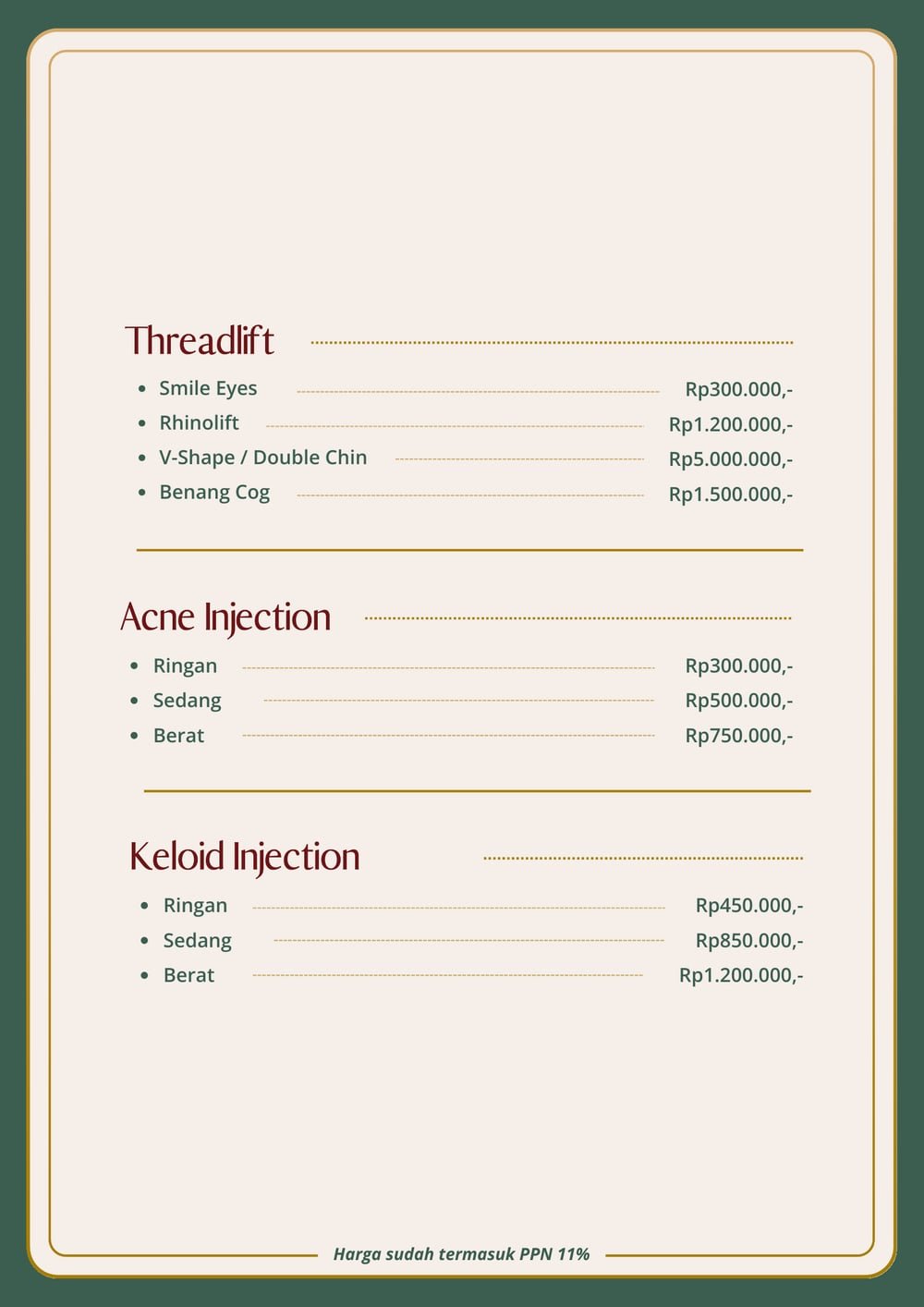 Halaman pricelist The Mercy Clinic berisi Threadlift, Acne Injection, dan Keloid Injection beserta harganya