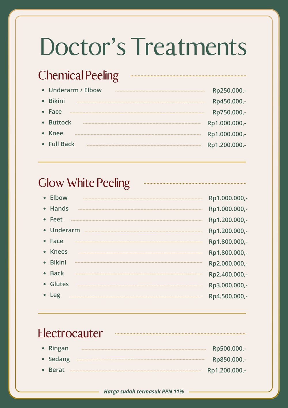 Halaman pricelist The Mercy Clinic berisi Chemical Peeling, Glow White Peeling, dan Electrocauter beserta harganya