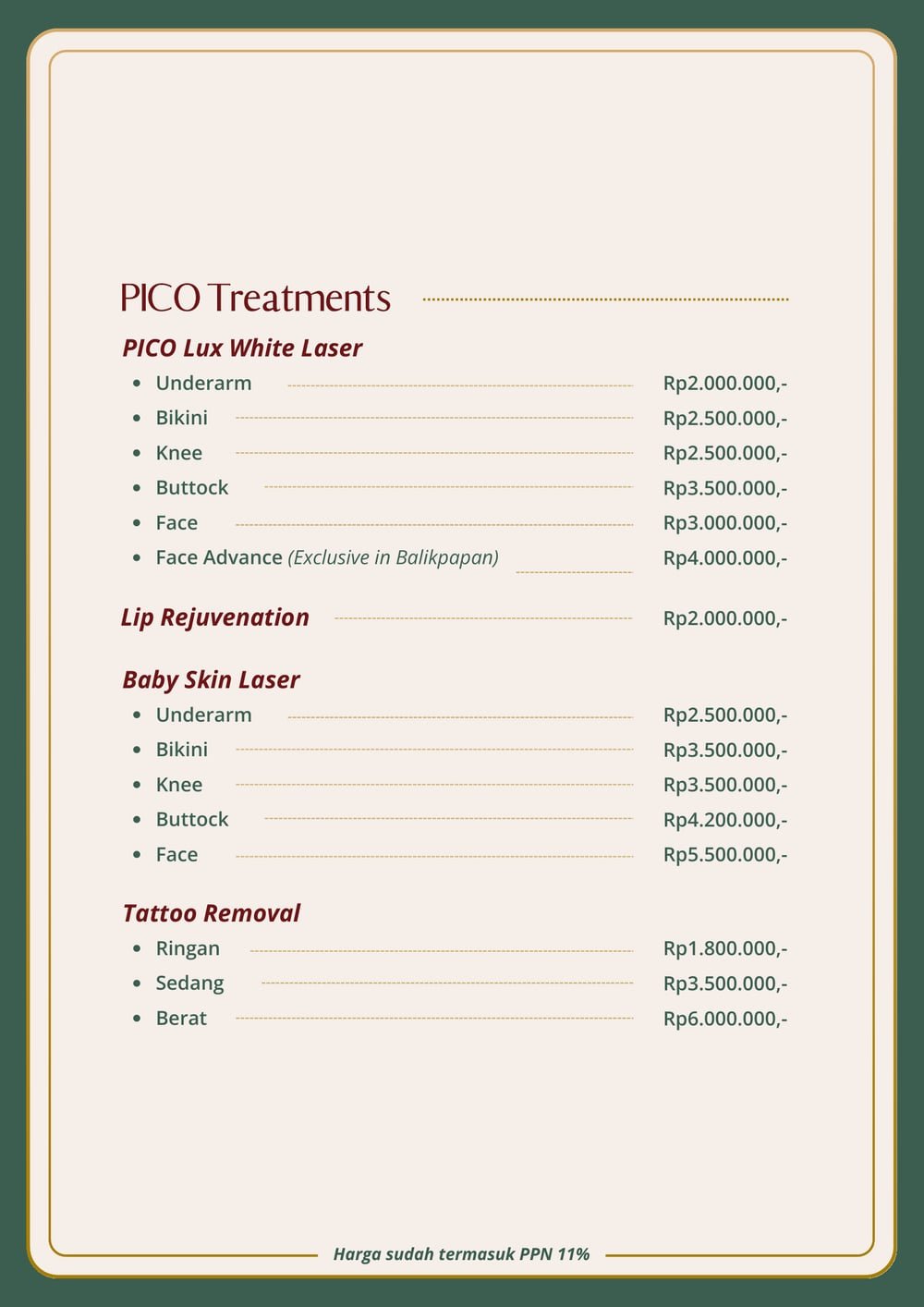 Halaman pricelist The Mercy Clinic berisi PICO Treatments: PICO Lux White Laser, Lip Rejuvenation, Baby Skin Laser, dan Tattoo Removal beserta harganya