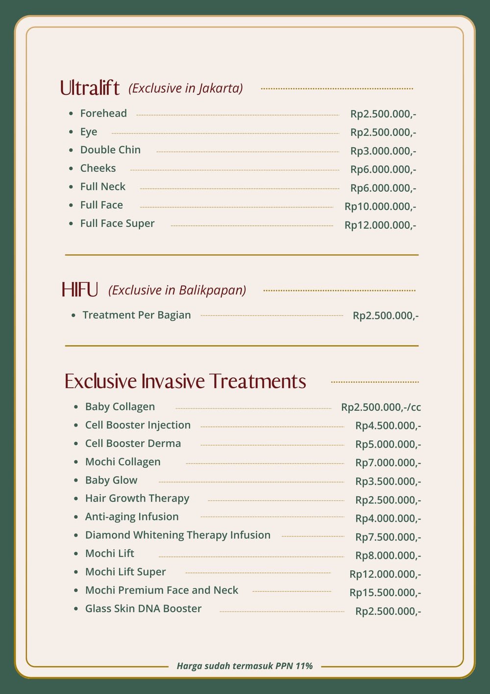Halaman pricelist The Mercy Clinic berisi Ultralift eksklusif Jakarta, HIFU eksklusif Balikpapan, dan Exclusive Invasive Treatments beserta harganya
