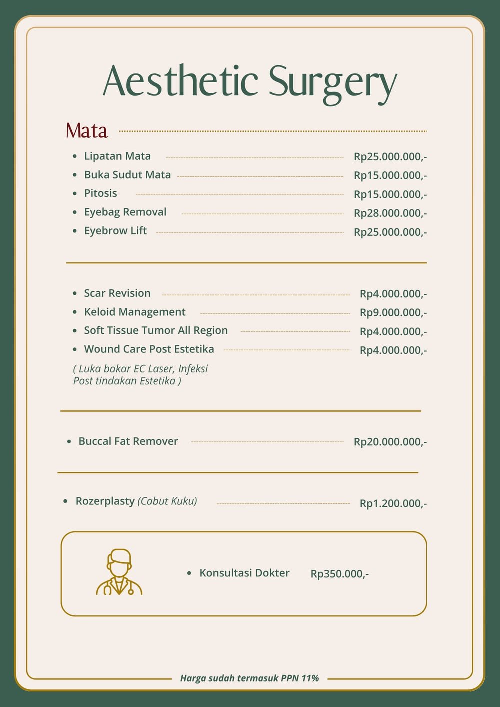 Halaman pricelist The Mercy Clinic berisi Aesthetic Surgery cabang Balikpapan: bedah kelopak dan kantong mata, scar revision, keloid management, buccal fat remover, dan konsultasi dokter beserta harganya