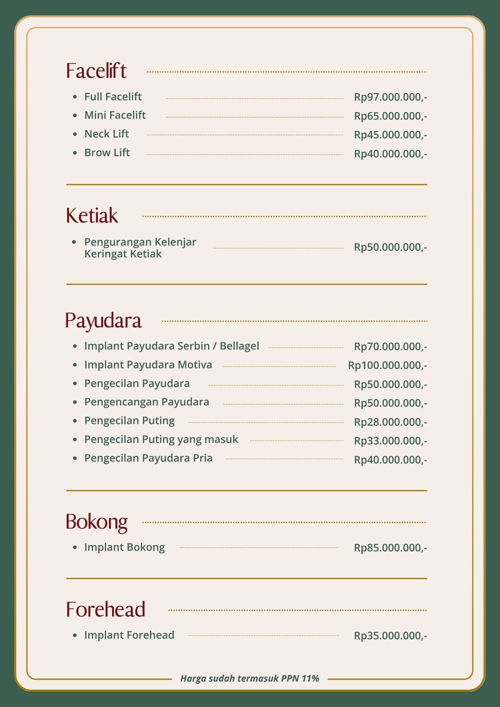 Halaman pricelist The Mercy Clinic berisi facelift, neck lift, brow lift, pengurangan kelenjar keringat ketiak, bedah payudara, implant bokong, dan implant forehead beserta harganya