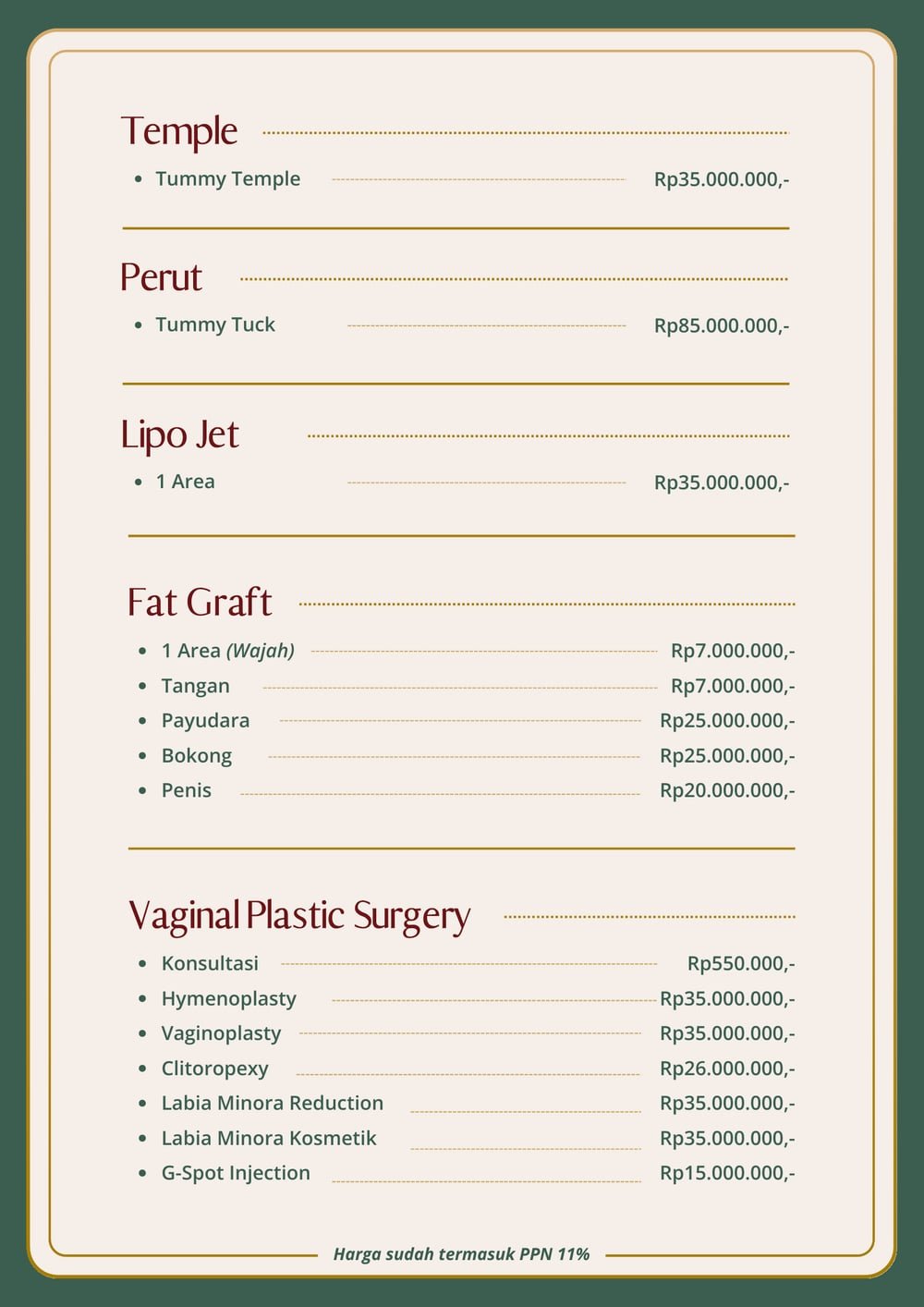 Halaman pricelist The Mercy Clinic berisi tummy temple, tummy tuck, lipo jet, fat graft, dan vaginal plastic surgery beserta harganya