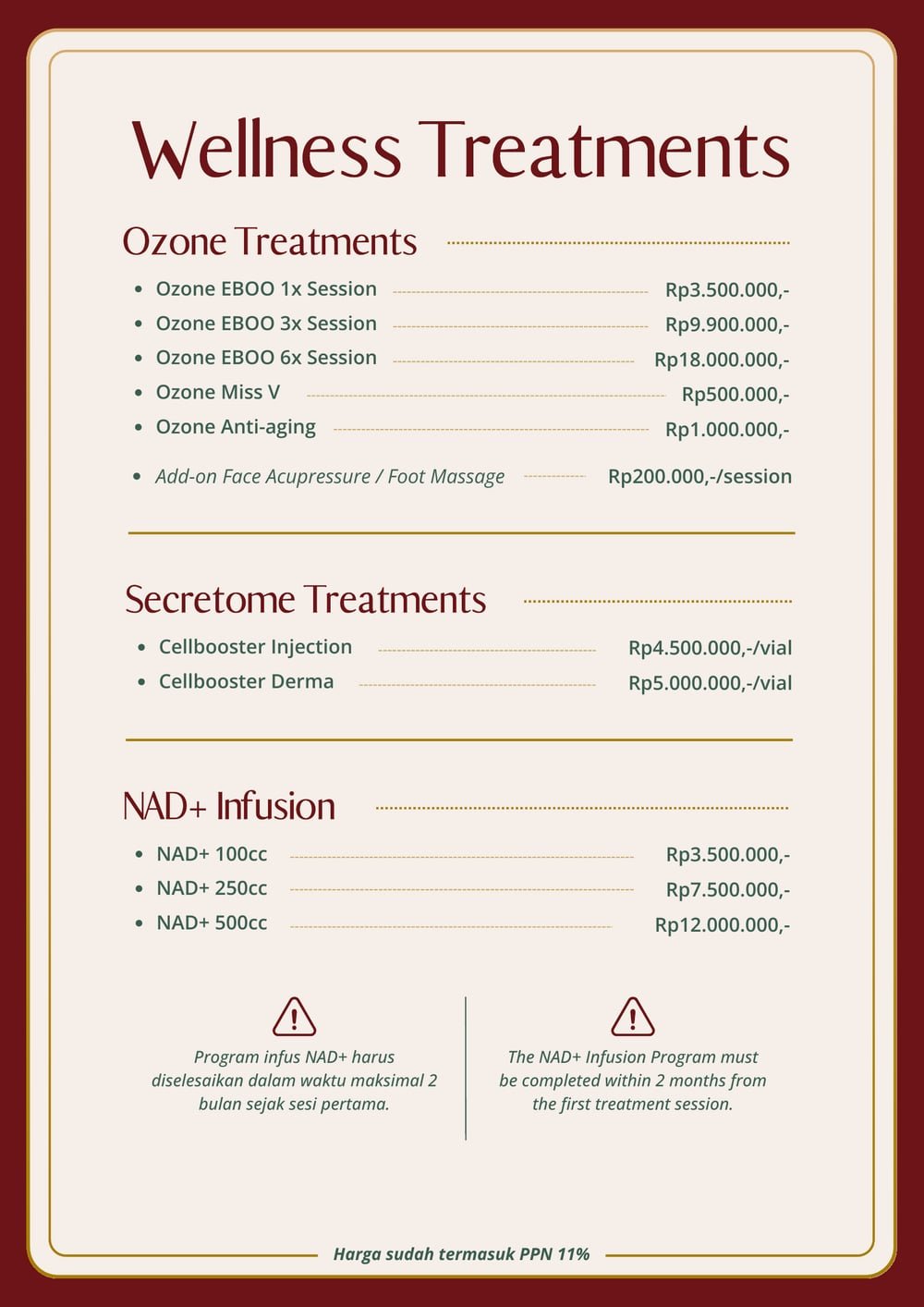 Halaman pricelist The Mercy Clinic berisi Ozone Treatments termasuk Ozone EBOO, Secretome Treatments, dan NAD+ Infusion beserta harganya