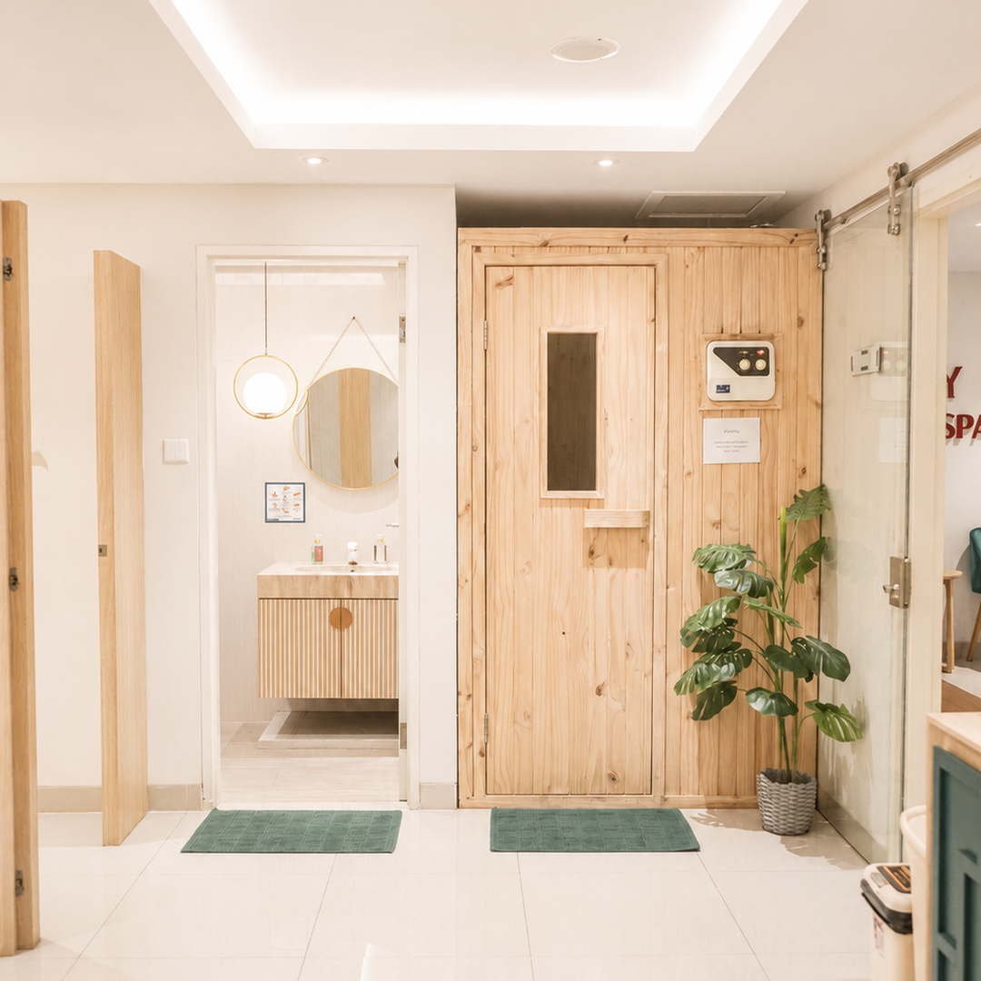 Koridor menuju ruang sauna dan ruang bilas Korean Spa The Mercy Clinic